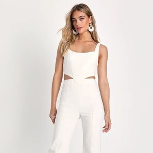 Lulu’s Perfect Icon Ivory Bustier Cutout Straight Leg Denim Jumpsuit